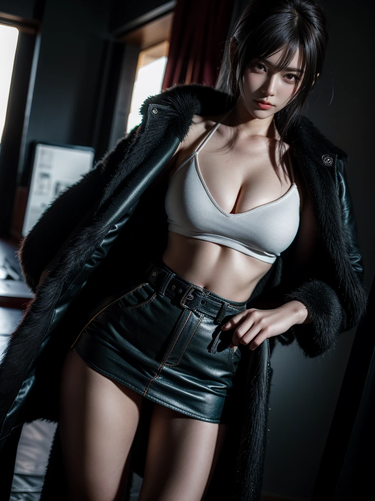 there is woman with a fur coat and a belt, Real life anime girls, Photorealistic anime girl rendering, ig model | ArtJam, Fubuki from One Punch Man, Green Hime Cut Hair, Short Hair, Realistic art style, masayoshi suto and ArtJam, 8k, High-quality images, masterpiece, Detailed hair texture, Detailed skin texture, Detailed cloth texture, 8k, Adding Fabric Details, ultra Detailed skin texture, Super detailed photos, Skin pores, Cloth details, High skin detail, Realistic hair details, Dramatic Light, woman, Looking at the audience.