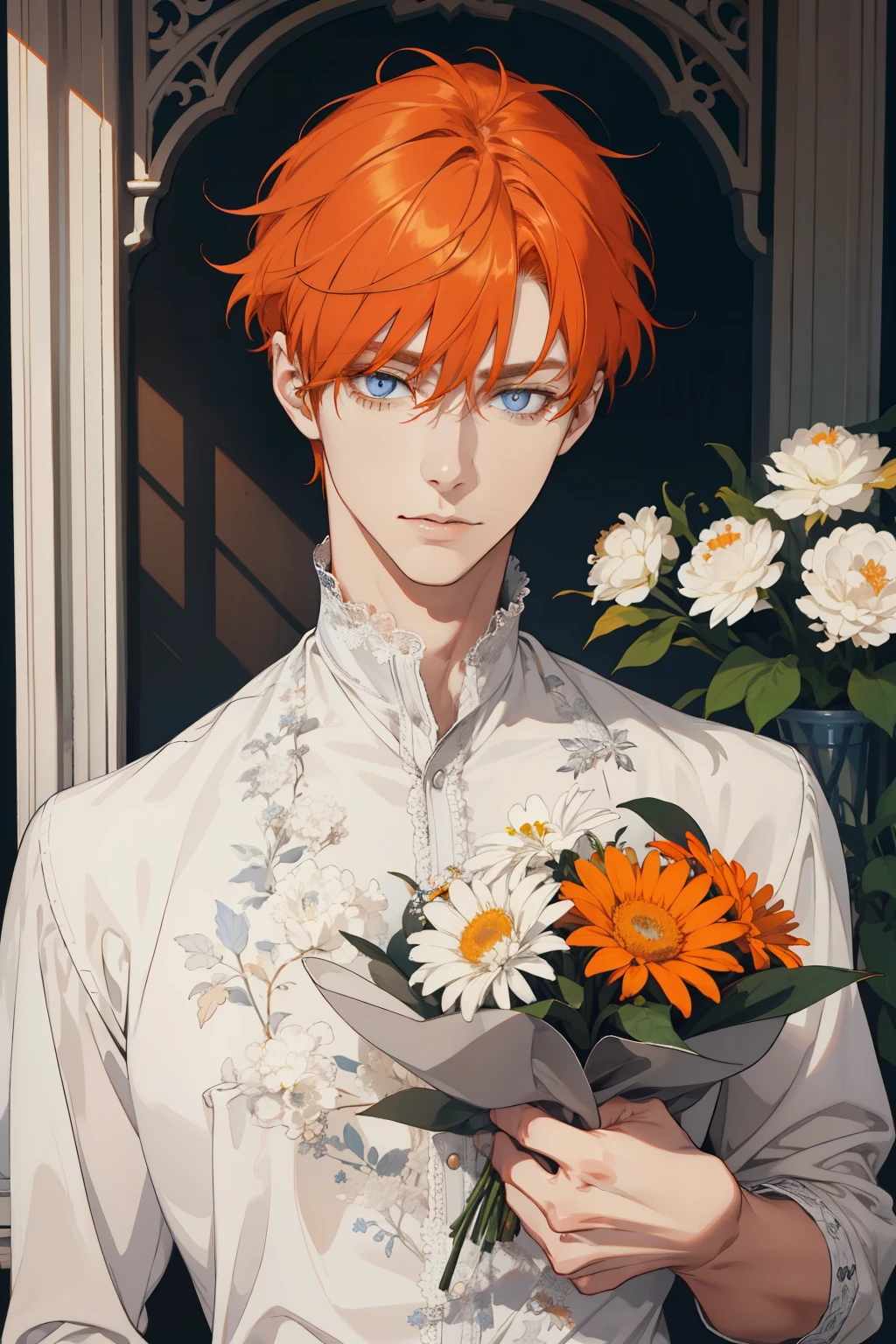 1 man, Realistic, master-piece, bestquality, Beautiful, detailed eyes and detailed faces.,natural light, European retro, White shirt, lace, Long dark gray orange hair, blue grey eyes, attractive, depressed, Decorative flowers, sunbeam, 31 years.