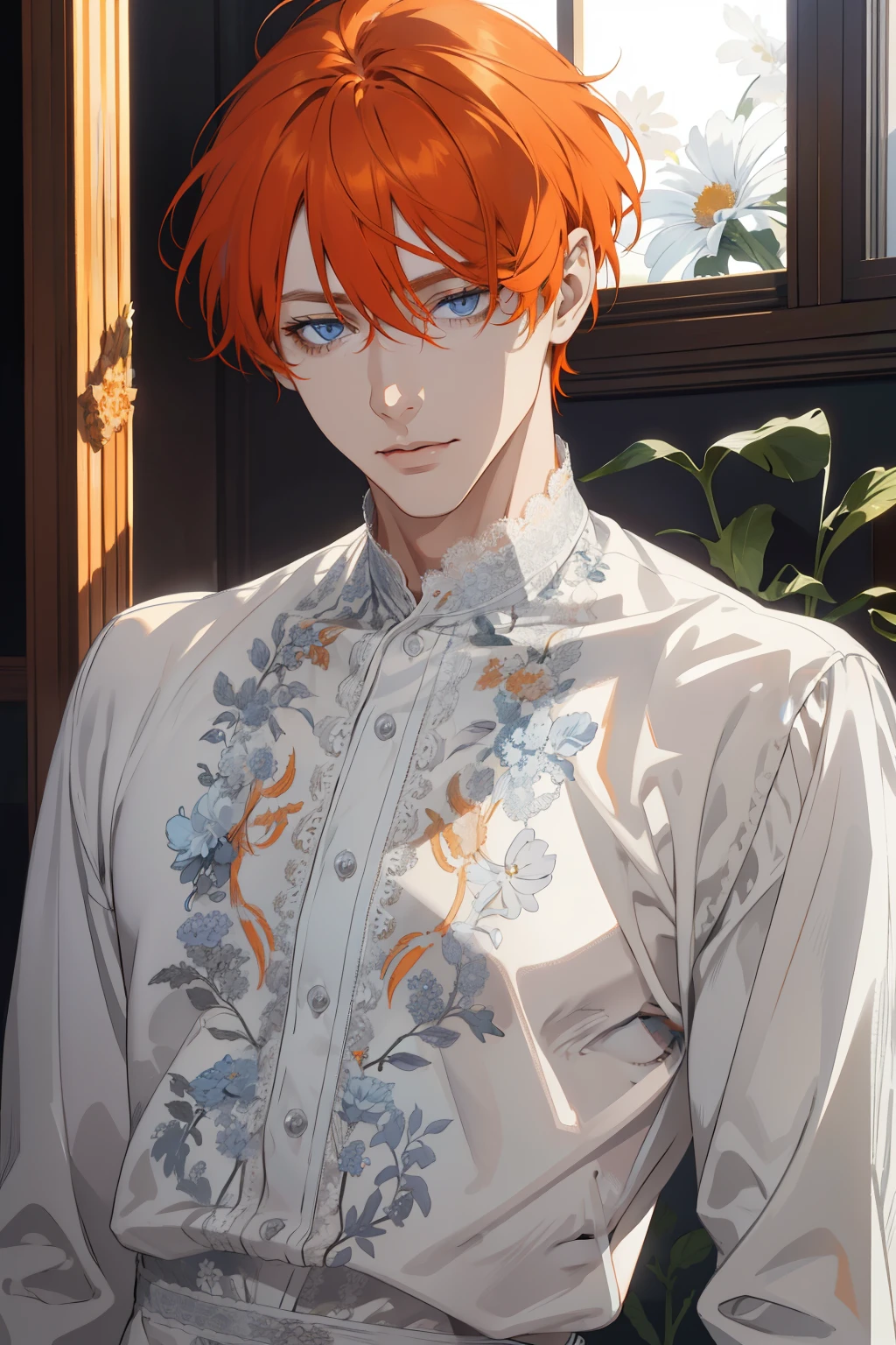 1 man, Realistic, master-piece, bestquality, Beautiful, detailed eyes and detailed faces.,natural light, European retro, White shirt, lace, Long dark gray orange hair, blue grey eyes, attractive, depressed, Decorative flowers, sunbeam, 31 years.