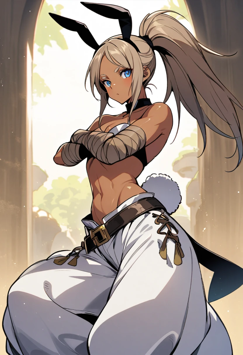 Bunny woman, rabbit woman, baggy pants, belt, blue eyes, tan skinned female, tanned, tan skin, dark skin, long pony tail, light brown hair, midriff, arm wraps, solo