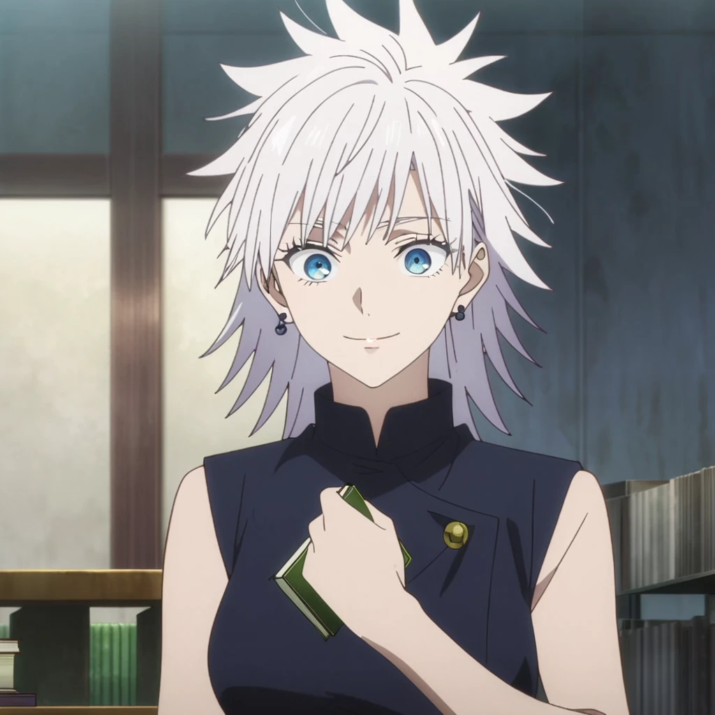 1girl, female gojo satoru, anime screencap from jujutsu kaisen, gojo satoru female version, solo, long_hair, ((blue eyes)) ((White_hair, hair over ear from one side))((slicked hair)) , night view, (hanging breasts) upper_body, smile, indoors, book, lips, (long hair) ((wearing black colour outfit, glossy)) breast, "very detailed and high resolution" (blue eyes) ((solo)) (((front view))) (earings) ((high resolution)) ((good quality)) ((silky hair, hair over ear from one side))((hair slicked)) ((shy))