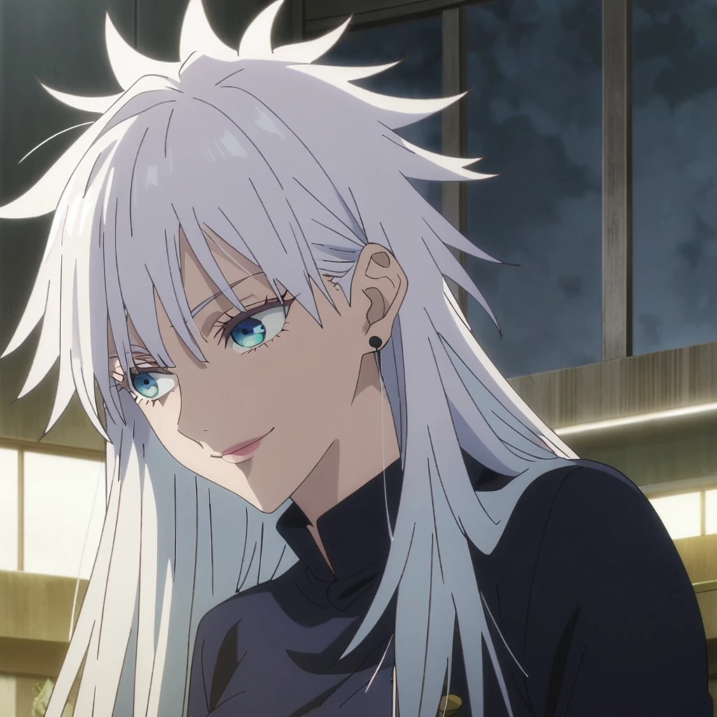 1girl, female gojo satoru, anime screencap from jujutsu kaisen, gojo satoru female version, solo, long_hair, ((blue eyes)) ((White_hair, hair over ear from one side))((slicked hair)) , night view, (hanging breasts) upper_body, smile, indoors, book, lips, (long hair) ((wearing black colour outfit, glossy)) breast, "very detailed and high resolution" (blue eyes) ((solo)) (((front view))) (earings) ((high resolution)) ((good quality)) ((silky hair, hair over ear from one side))((hair slicked)) ((shy))