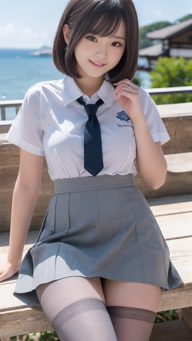 (Black Pantyhose),(See-through)、Highest quality, Tabletop, 8k, High resolution, Very detailed, (Japanese_girl:1.5),Black Hair, Cute Short Hair, Hair Clip, Glowing Skin, smile, summer, blue sky, Ocean,white_look_Through_School_shirt,(micro_gray_School_skirt:1.5),(Thighs_shot:1.5),Sitting_Shallow,(show_beautiful_Pussy:1.5),(from_ground_shot:1.3),Nipples