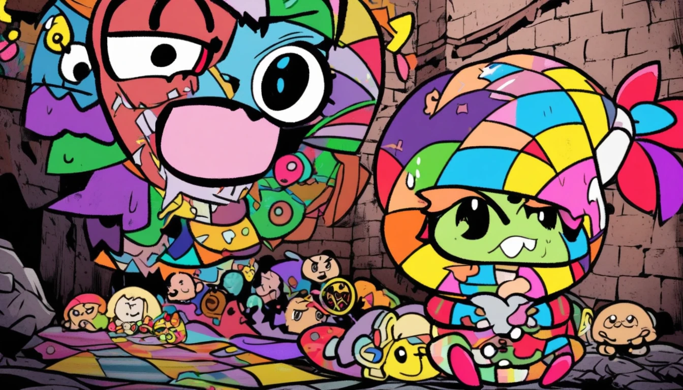 dark barred basement, a cute baby with evil smile, poorly drawn cartoon-style images, colorful patchwork of contrast magic