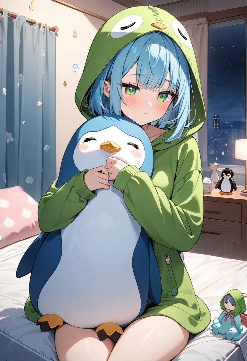 Highest quality、Light blue hair、Short Bob、Deep green eyes、Small breasts、Green crocodile hood,Wearing a hood,25 years old,sleepy,Bedroom at night、Fancy Girls Room、Holding a large stuffed penguin