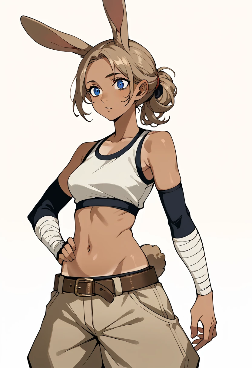 Bunny woman, rabbit woman, baggy pants, belt, blue eyes, tan skinned female, tanned, tan skin, dark skin, long pony tail, light brown hair, midriff, arm wraps, solo