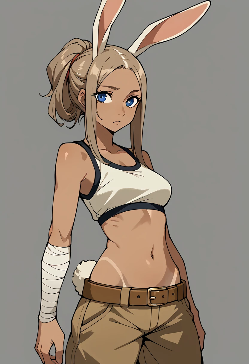 Bunny woman, rabbit woman, baggy pants, belt, blue eyes, tan skinned female, tanned, tan skin, dark skin, long pony tail, light brown hair, midriff, arm wraps, solo