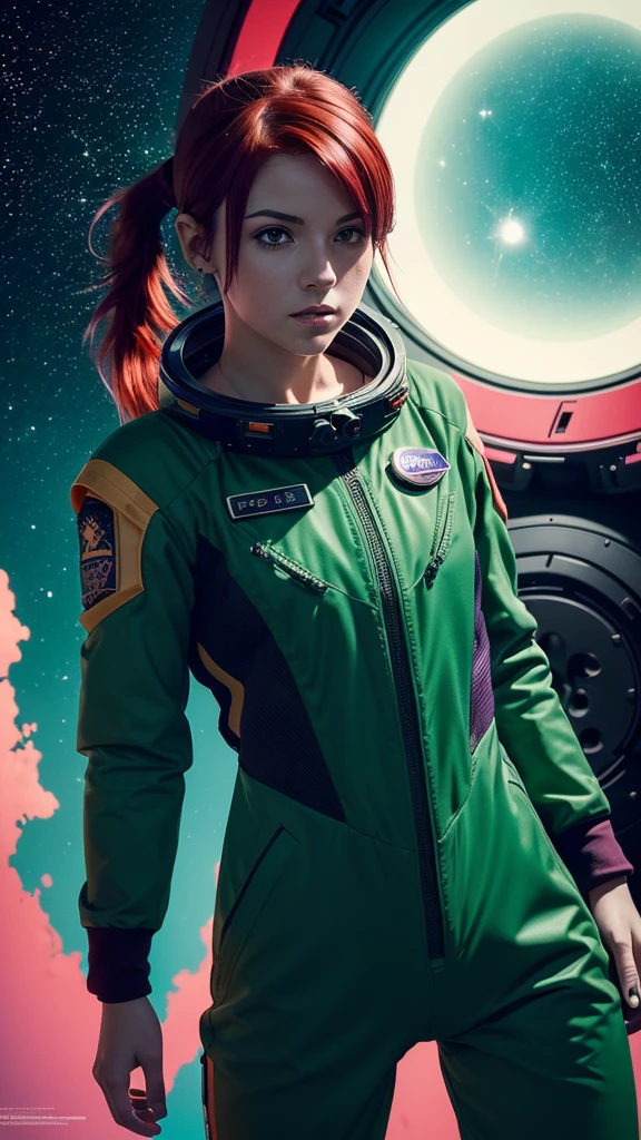 masterpiece, top quality, Best quality, extremely detailed, as detailed as possible, Official art, beautiful and aesthetically pleasing, Colorful, Beautiful face, One, perfect body, (one girl with short red hair tied in a ponytail dressed in green space suit:1.3), in space, green eyes, a space ship, Sun rays, (Science fiction:1.2), porthole, illuminator, stars, high contrast, Explosions, overexposure, Impression of purple and red tones, abstract, negative space, looking at the camera, looking at the viewer, hard lighting, water color painting, colour splashes
