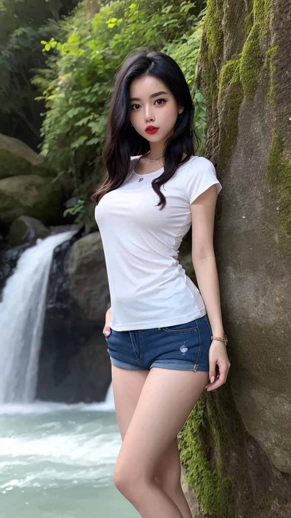 a very cute girl, solo, young, wearing good t-shirts and short pants,medium breast, standing, long hairs, red lips, at camp, realistic face, full body, blue shoes, background waterfall,black hair, pink asesoris