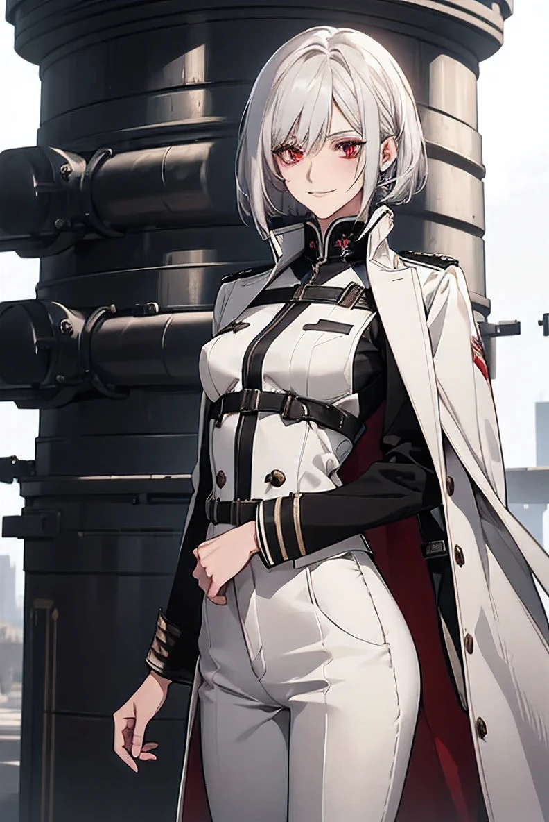 (Confused, High resolution, Very detailed), 1 female, Silver Hair,Bob Hair,Bright red eyes,White and black military uniform,24th generation,beauty,mature,thin,quiet,Calm,A small smile,A kind smile,In front of people you like,Long coat,Slender and thin,boots,skinny pants,observatory,Small breasts,