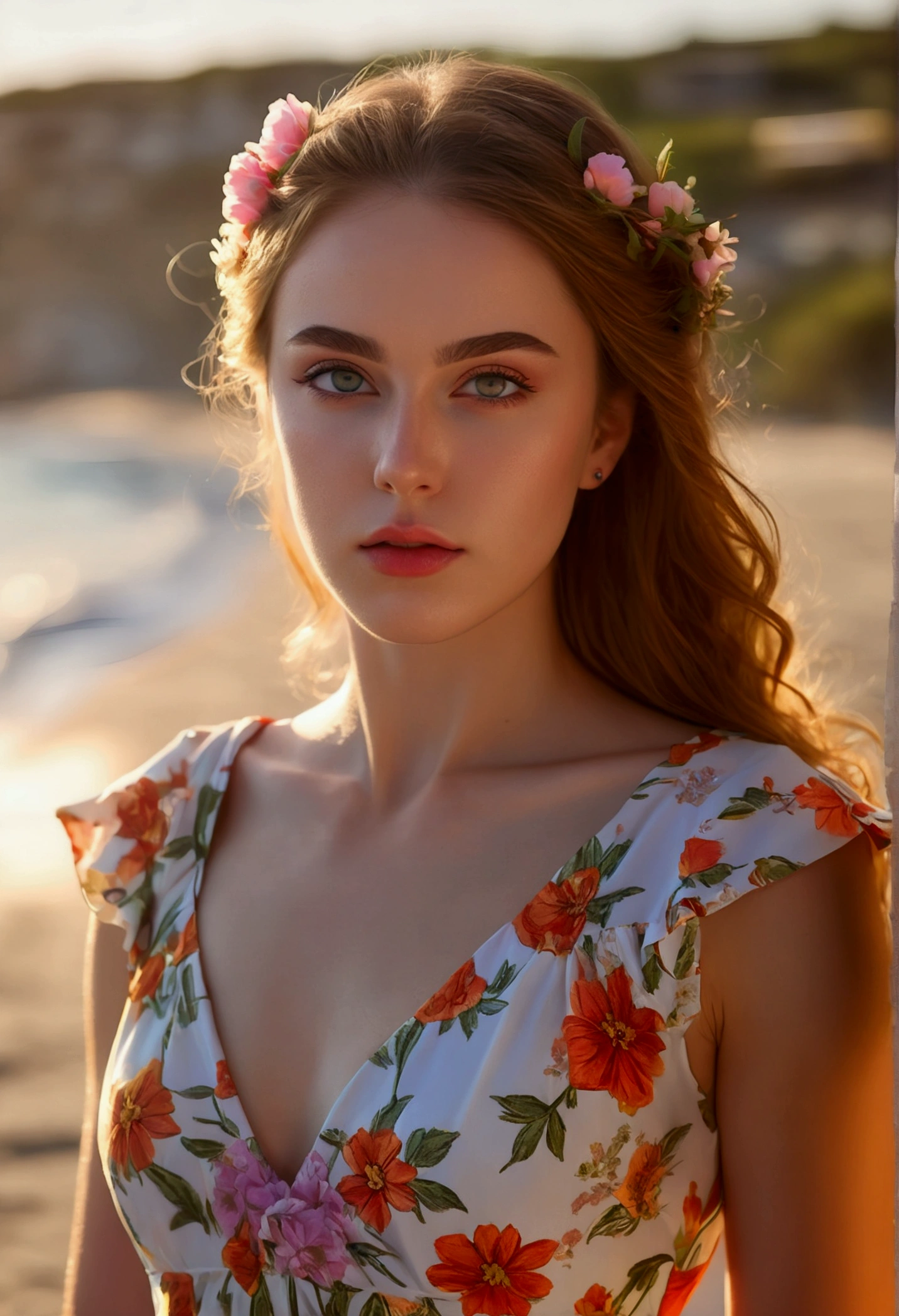 lndswgnr_v1.0, (Sharp focus: 1.5), (sharp focus:1.2), portrait, attractive young woman, (beautiful face:1.1), detailed eyes, luscious lips, (eye makeup:1.2), (tight body:1.2), wearing (flowery dress:1.2) at (the beach:1.2). (morning sun lighting:1.2), depth of field, bokeh, 4K, HDR. by (James C. Christensen:1.2|Jeremy Lipking:1.1).