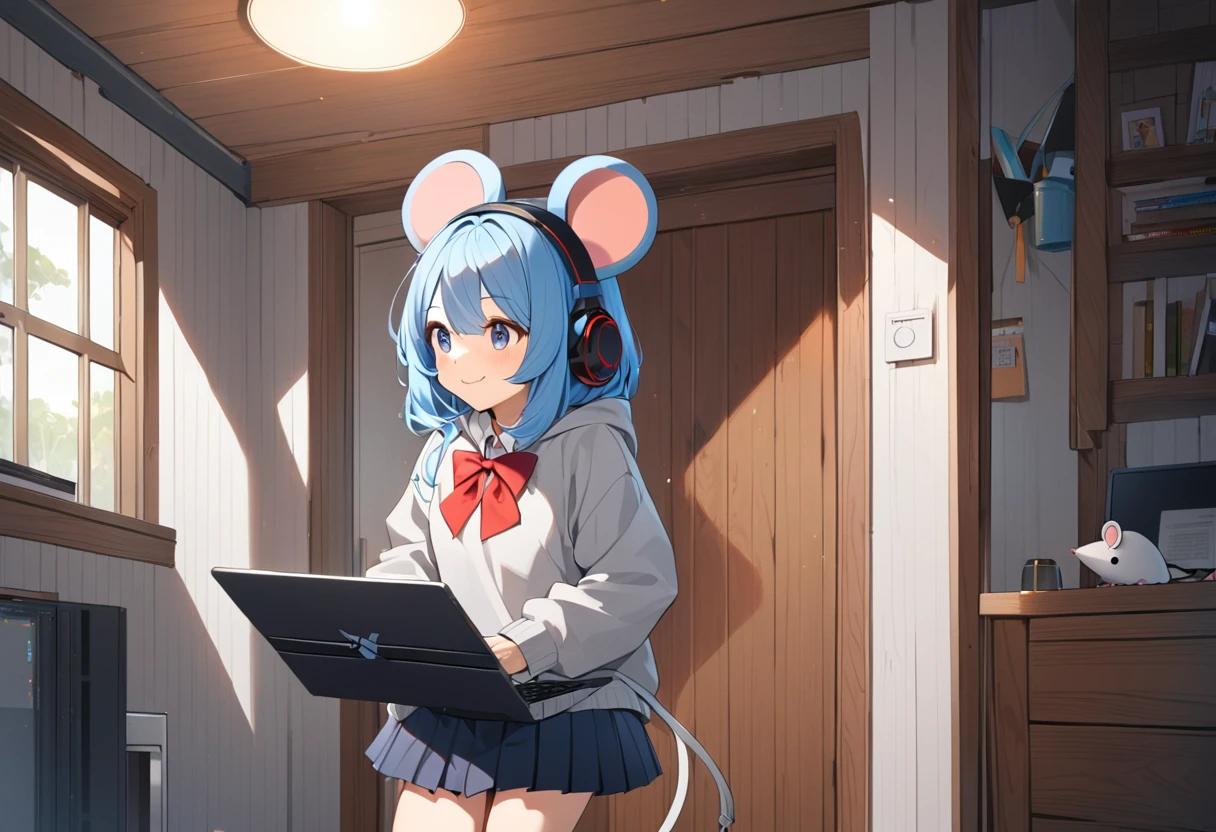 ((1girl)), face shot, Blue Hair Girl, Hoodie with hood, {gray hoodie, hood up,Hood with big mouse ears}, High , {White collared shirt, Red bow tie、Pleated skirt},smile, Walking with a laptop、black gaming laptop、Headphones、Inside the house
