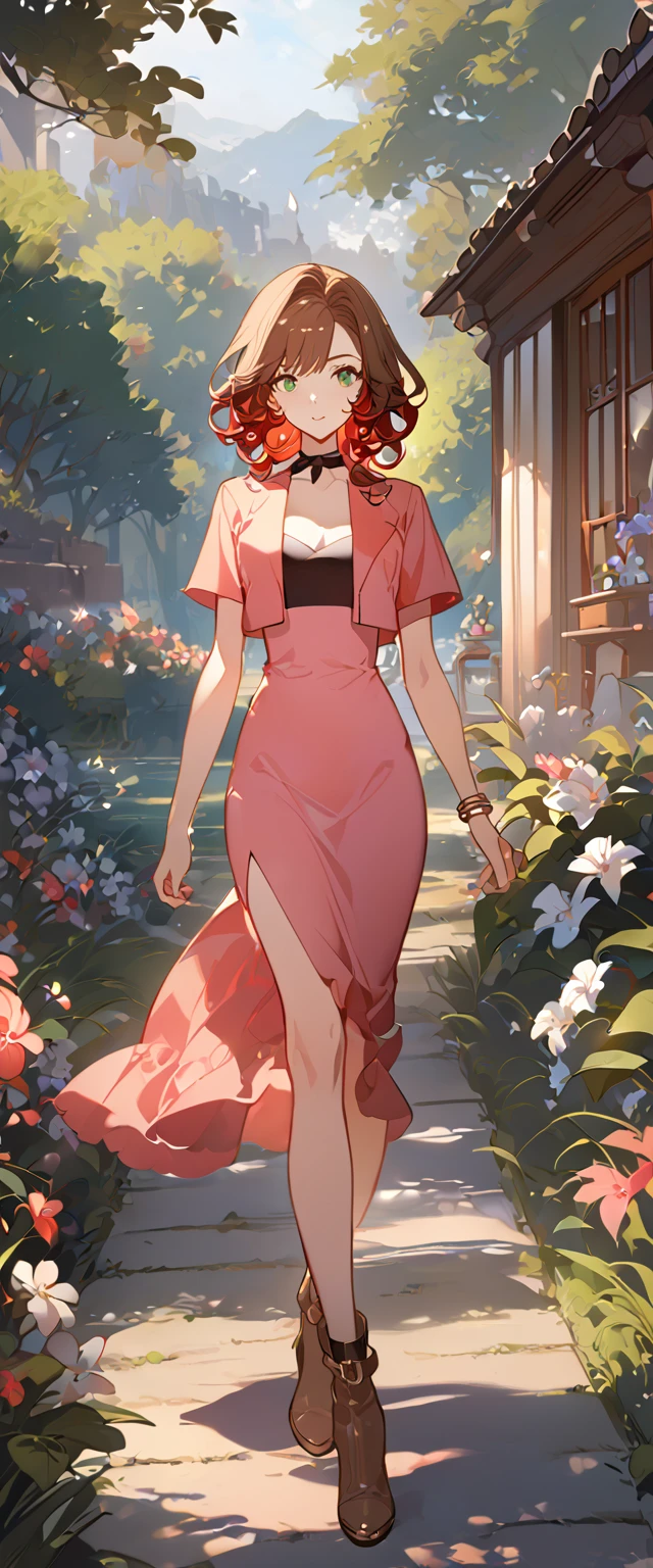 masterpiece, best quality, 8k, 4k, 1girl, aerith gainsborough, brown hair, longer side curly bang, long tight curly ponytail, green eyes, red hair ribbon, red bolero jacket, short sleeve jacket, cropped jacket, black tie choker, long pink straight dress, brown boots, bangles, walking in a garden, flowers, detailed background,, inspired by Asukaziye artist : ask, art style : ask