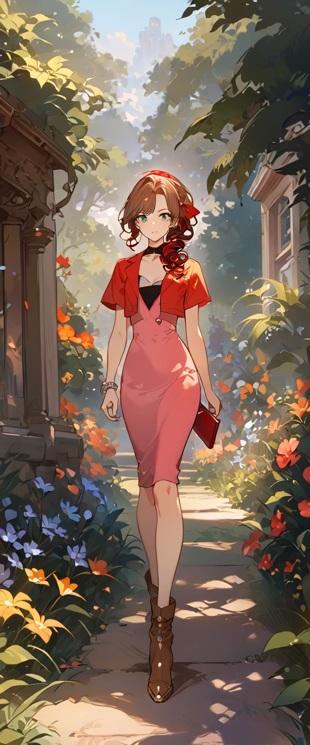 masterpiece, best quality, 8k, 4k, 1girl, aerith gainsborough, brown hair, longer side curly bang, long tight curly ponytail, green eyes, red hair ribbon, red bolero jacket, short sleeve jacket, cropped jacket, black tie choker, long pink straight dress, brown boots, bangles, walking in a garden, flowers, detailed background,, inspired by Asukaziye artist : ask, art style : ask