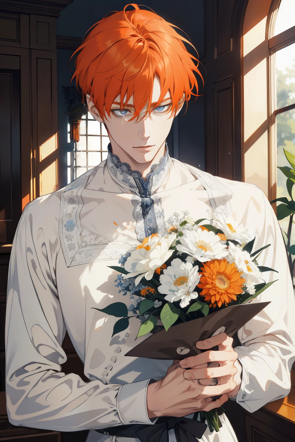 1 man, Realistic, master-piece, bestquality, Beautiful, detailed eyes and detailed faces.,natural light, European retro, White shirt, lace, Long dark gray orange hair, blue grey eyes, attractive, depressed, Decorative flowers, sunbeam, 31 years.