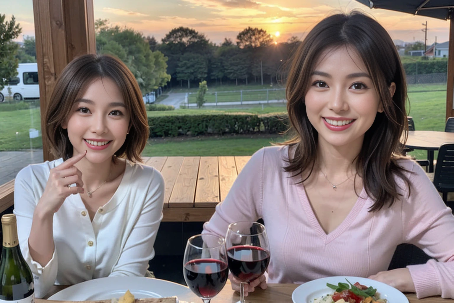（Realistic:1.1）,(masterpiece,Highest quality)，8k,(44 years old), 42 years old, slimカップル、Model Couple、actress/actor、Tight waist,Upper Body,full-course dinner、wine 、Amazing view of the sunset sky and clouds、Perfect Anatomy, Brown Hair, short hair,Random Hairstyles,((Highly detailed face and eyes:1.2))(cute顔:1.4)，美しいactressの顔，Perfect golden ratio face，Long sleeve shirt、dress,(smile:1.2)、Shortcuts、cute、(Realistic, Intricate details:1.2), A bright smile、short hair,Bright Face、赤wine 、Appetizers、Italian food、wine bottle、Champagne、スパークリングwine、(slimな顔), (The body is slim), (Brown Hair), (Shortcuts),  Upper Body, 白wine, slim, wineグラス, 
