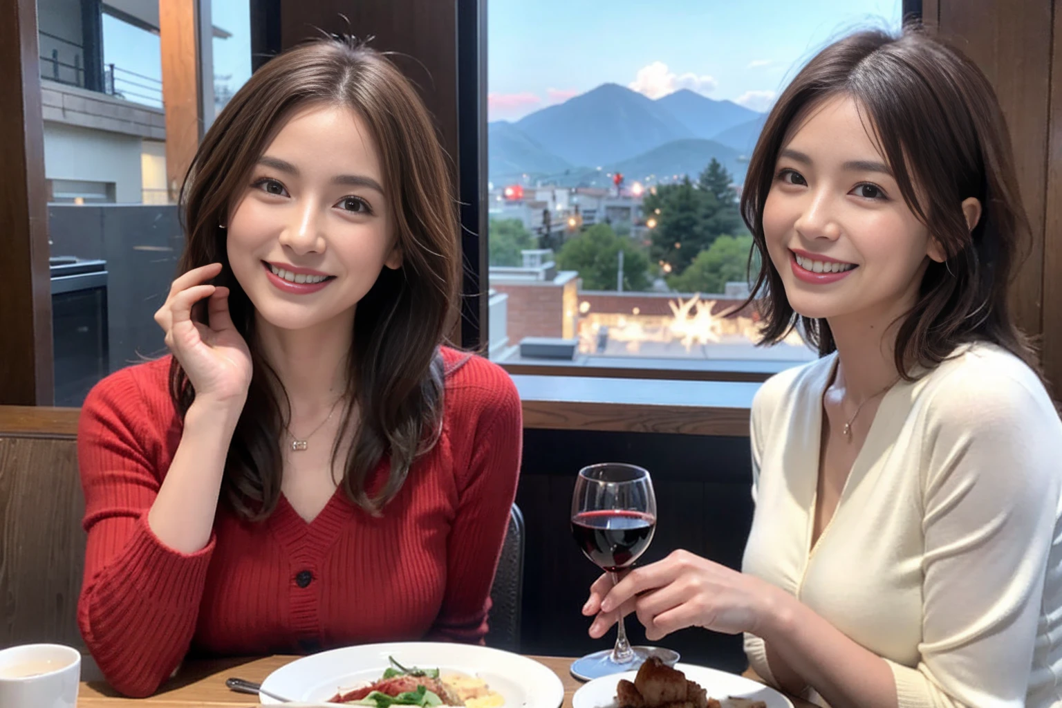 (Realistic:1.1),(masterpiece,Highest quality),8k,(44 years old), 42 years old, slimカップル、Model Couple、actress/actor、Tight waist,Upper Body,full-course dinner、wine 、Amazing view of the sunset sky and clouds、Perfect Anatomy, Brown Hair, short hair,Random Hairstyles,((Highly detailed face and eyes:1.2))(cute顔:1.4),美しいactressの顔,Perfect golden ratio face,Long sleeve shirt、dress,(smile:1.2)、Shortcuts、cute、(Realistic, Intricate details:1.2), A bright smile、short hair,Bright Face、赤wine 、Appetizers、Italian food、wine bottle、Champagne、スパークリングwine、(slimな顔), (The body is slim), (Brown Hair), (Shortcuts), Upper Body, 白wine, slim, wineグラス,