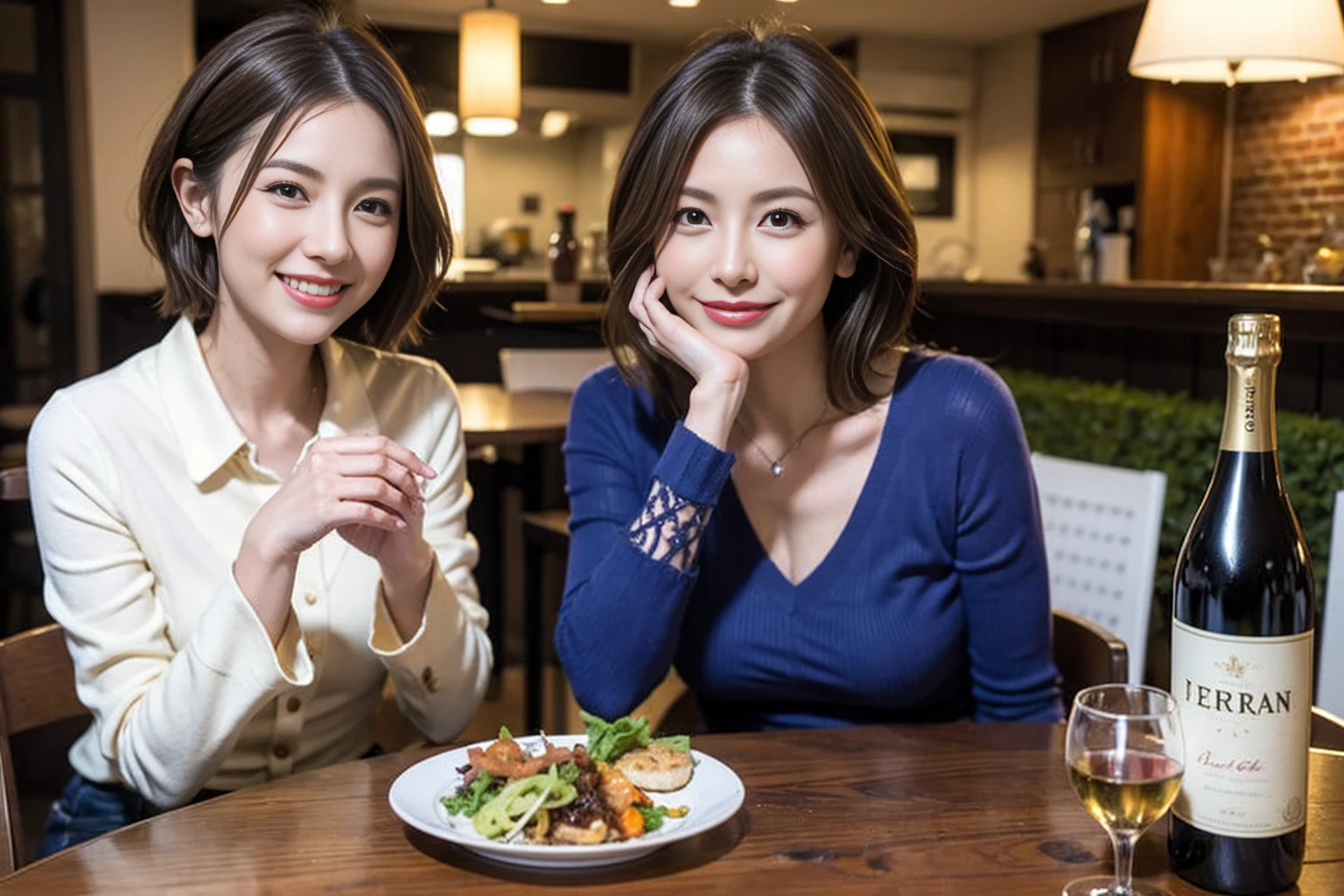 (Realistic:1.1),(masterpiece,Highest quality),8k,(44 years old), 42 years old, slimカップル、Model Couple、actress/actor、Tight waist,Upper Body,full-course dinner、wine 、Amazing view of the sunset sky and clouds、Perfect Anatomy, Brown Hair, short hair,Random Hairstyles,((Highly detailed face and eyes:1.2))(cute顔:1.4),美しいactressの顔,Perfect golden ratio face,Long sleeve shirt、dress,(smile:1.2)、Shortcuts、cute、(Realistic, Intricate details:1.2), A bright smile、short hair,Bright Face、赤wine 、Appetizers、Italian food、wine bottle、Champagne、スパークリングwine、(slimな顔), (The body is slim), (Brown Hair), (Shortcuts), Upper Body, 白wine, slim, wineグラス,