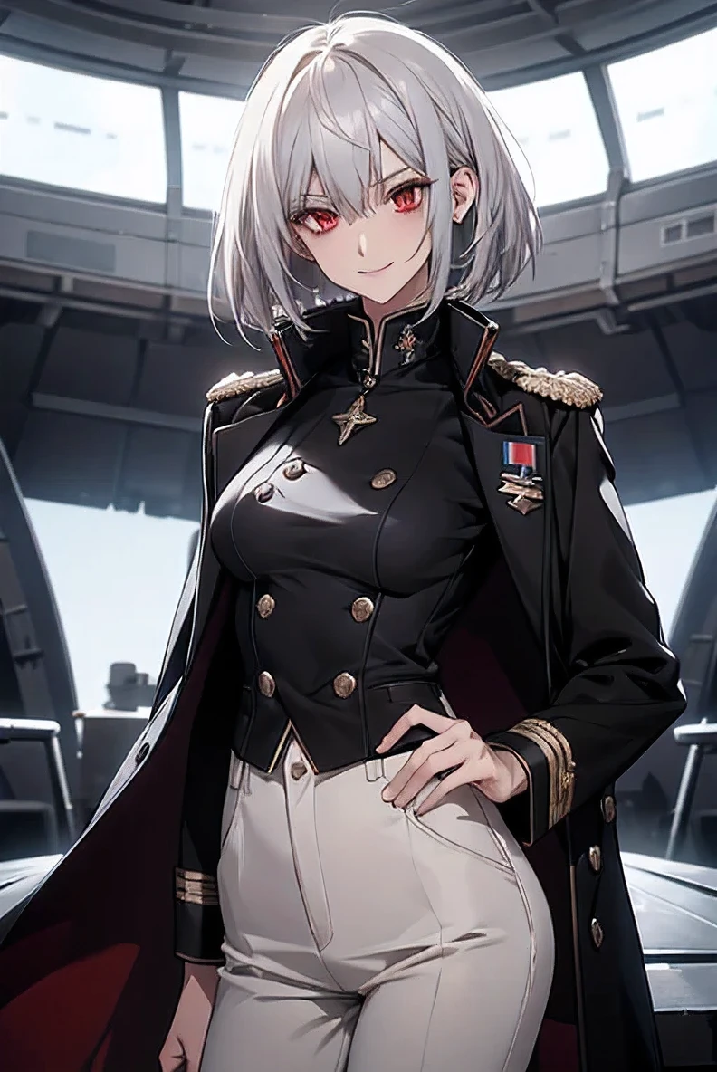 (Confused, High resolution, Very detailed), 1 female, Silver Hair,Bob Hair,Bright red eyes,White and black military uniform,24th generation,beauty,mature,thin,quiet,Calm,A small smile,A kind smile,In front of people you like,Long coat,Slender and thin,boots,skinny pants,observatory,Small breasts,