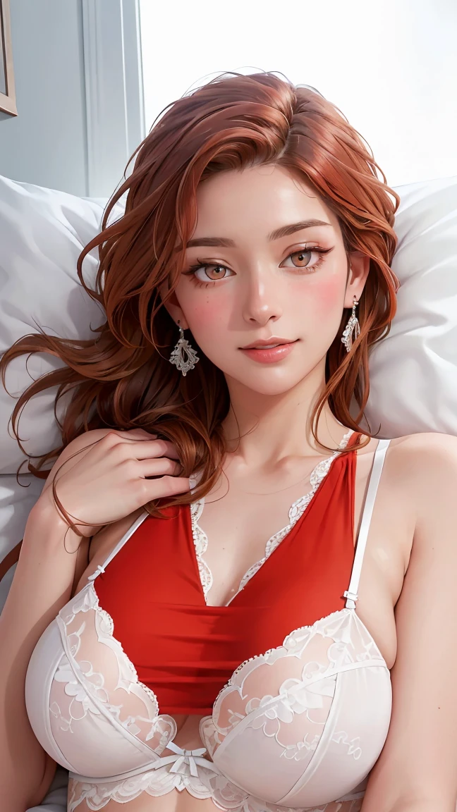 ((((masterpiece, Best quality, a high resolution)))), extremely detailed 8k, Beautiful girl with a curvy body, (ultra HD, ultra detailed, very detailed, very realistic, Ultra-realistic, realistic photography), (1 girl:1.5), (Realistic red hair), (long wavy hair, hair ornaments, earrings), (Dynamic poses), facing the camera, I look at the viewer, (Blushing Red, embarrassed, smile), (Brown eyes, keen eyes), (large firm breasts:1.2), (beautiful detailed face, beautiful detailed eyes), ((white lace lingerie, thin material)), (lying on the bed:1.3), Sub, Shine, (Sunbeam, Sunbeamик), ((cowboy shot)), bedroom