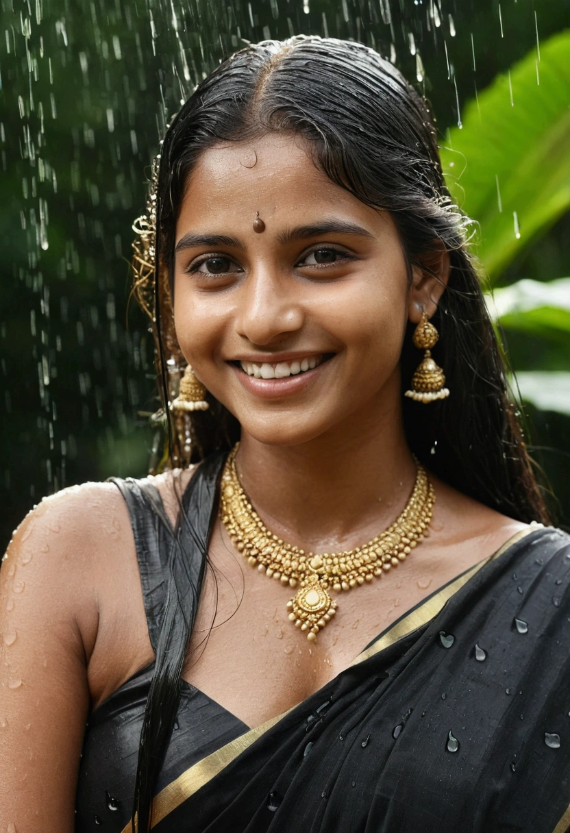 1girl, long hair, medium breast, black shirt, light smile, detailed skin, pore, simple background, wearing saari, Indian, jungle background, water drops on face, light shower, white teeth