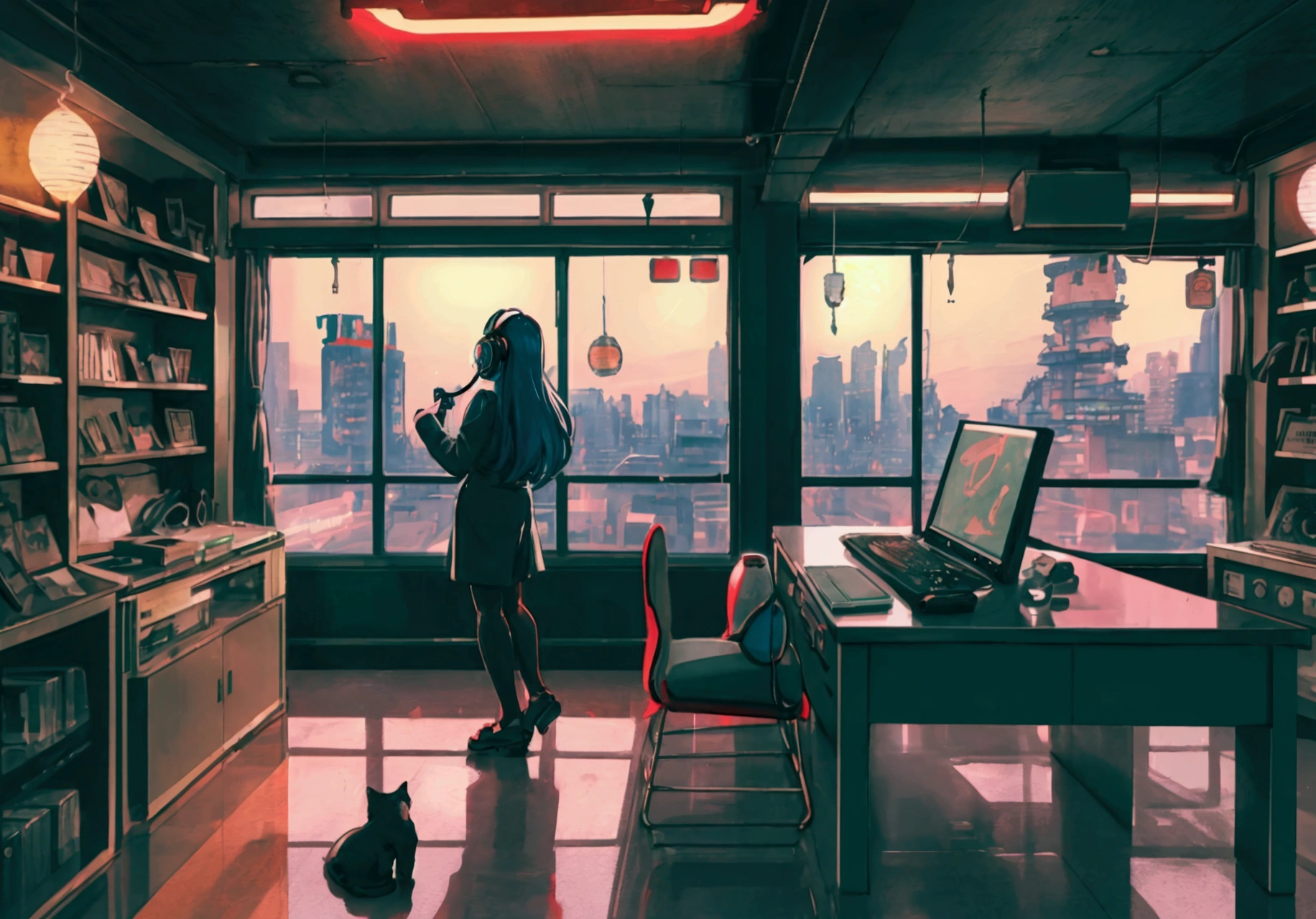 Adorable girl studying in the room, View from behind, Wear headphones, At night, With cat, Surrounded by the aesthetics of city pop, in an anime-style animation. (Highest quality, 4K, High resolution, Realistic:1.37), Very detailed, Vibrant colors, Studio Lighting, Physically Based Rendering, Very detailed説明, Professional, Bokeh, Portraiture, landscape, anime, photograph, Concept Artist, Cozy atmosphere, Lighting in warm tones, Vintage cityscape, Retro interior, Glowing neon signs, Dynamic pose, Cute Costumes, Bookshelves full of books, Modern Desk, computer, Night atmosphere, Moonlight shining through the window, City lights reflected in the glass, Soft glow from the screen, Mysterious Shadow, Calm and relaxed feeling, A subtle expression on the girl&#39;s face, Dangling headphone cord, The cat sitting next to her, Observe with curiosity, Record player playing city pop music, Floating notes, animeーション化された光の筋, Dreamy atmosphere, Starry sky outside the window, Vibrant city life, Busy Street, Colorful neon lit buildings, Stylish interior, Retro gadgets and decorations, I feel nostalgic, Peaceful and serene environment.