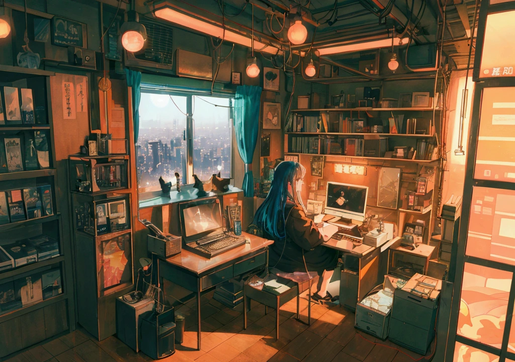 Adorable girl studying in the room, View from behind, Wear headphones, At night, With cat, Surrounded by the aesthetics of city pop, in an anime-style animation. (Highest quality, 4K, High resolution, Realistic:1.37), Very detailed, Vibrant colors, Studio Lighting, Physically Based Rendering, Very detailed説明, Professional, Bokeh, Portraiture, landscape, anime, photograph, Concept Artist, Cozy atmosphere, Lighting in warm tones, Vintage cityscape, Retro interior, Glowing neon signs, Dynamic pose, Cute Costumes, Bookshelves full of books, Modern Desk, computer, Night atmosphere, Moonlight shining through the window, City lights reflected in the glass, Soft glow from the screen, Mysterious Shadow, Calm and relaxed feeling, A subtle expression on the girl&#39;s face, Dangling headphone cord, The cat sitting next to her, Observe with curiosity, Record player playing city pop music, Floating notes, animeーション化された光の筋, Dreamy atmosphere, Starry sky outside the window, Vibrant city life, Busy Street, Colorful neon lit buildings, Stylish interior, Retro gadgets and decorations, I feel nostalgic, Peaceful and serene environment.