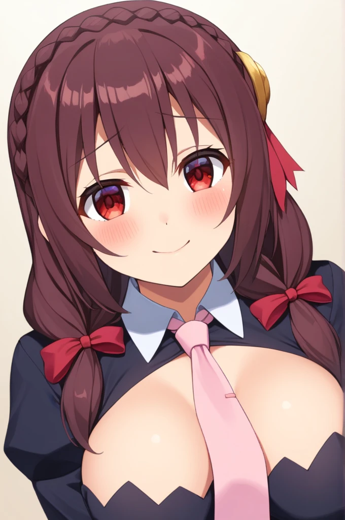 alone, One girl, Yunyun, (A shy smile:1.4)、(blush:1.5)、 View your viewers, Crown braids of the same color as your hair, Red Eyes、hair ornaments, Hair Ribbon, Pink tie, Long sleeve, Cleavage,  Leaning forward、(The upper body is visible:1.2)、(View from below:1.4)、(The viewer is resting his head on her lap.:1.2)、Slightly larger breasts