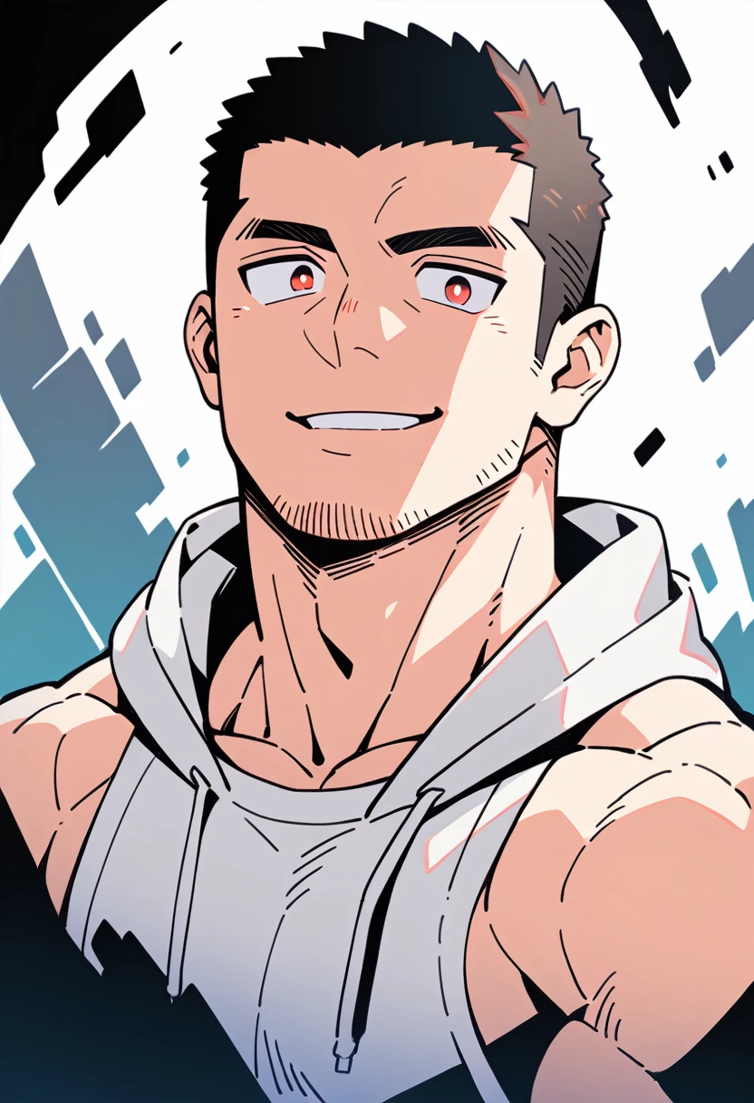 anime characters:Priapus, Muscle Sports Student, Buzz Cut, Manliness, male focus, Sports tight hooded sweatshirt, Very tight, full and perky chest muscles, muscular male, muscular, only, Upper body, alone, Red short hair, Thick eyebrows, stubble, Brown-red pupils, White background, simple background, amazing quality, best aesthetics, Ridiculous, crew cut, parted lips, smirk, bright pupils, negative space, negative space, best quality