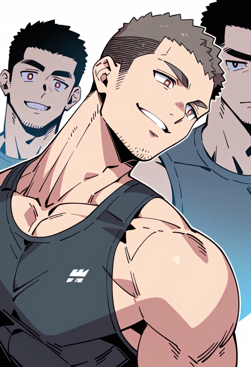 anime characters：Priapus, Muscle Sports Student, Buzz Cut, Manliness, male focus, Sports tight hooded sweatshirt, Very tight, full and perky chest muscles, muscular male, muscular, only, Upper body, alone, Red short hair, Thick eyebrows, stubble, Brown-red pupils, White background, simple background, amazing quality, best aesthetics, Ridiculous, crew cut, parted lips, smirk, bright pupils, negative space, negative space, best quality