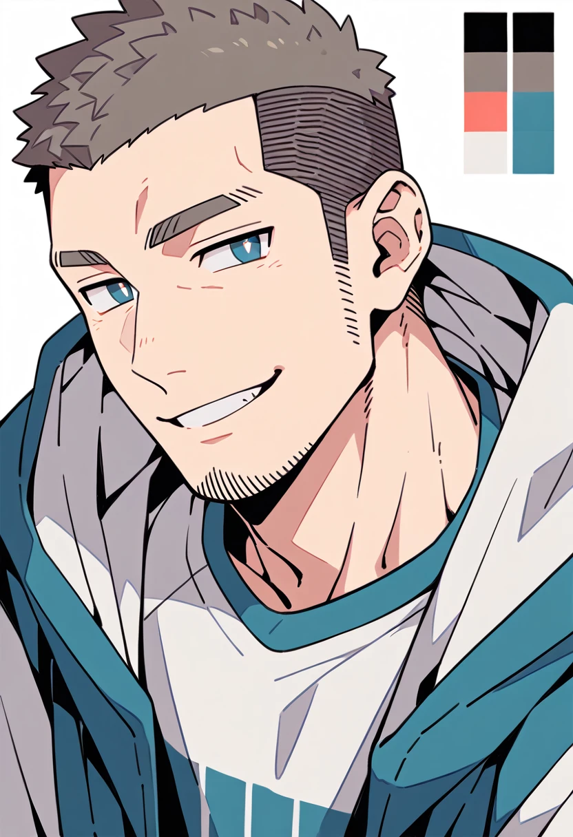 anime characters：Priapus, Muscle Sports Student, Buzz Cut, Manliness, male focus, Sports tight hooded sweatshirt, Very tight, full and perky chest muscles, muscular male, muscular, only, Upper body, alone, Red short hair, Thick eyebrows, stubble, Brown-red pupils, White background, simple background, amazing quality, best aesthetics, Ridiculous, crew cut, parted lips, smirk, bright pupils, negative space, negative space, best quality