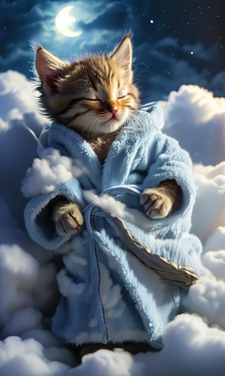 kitten in fuzzy bathrobe, sleeping on cloud, night photo, moonlight lighting, godrays rai-dissolve, 