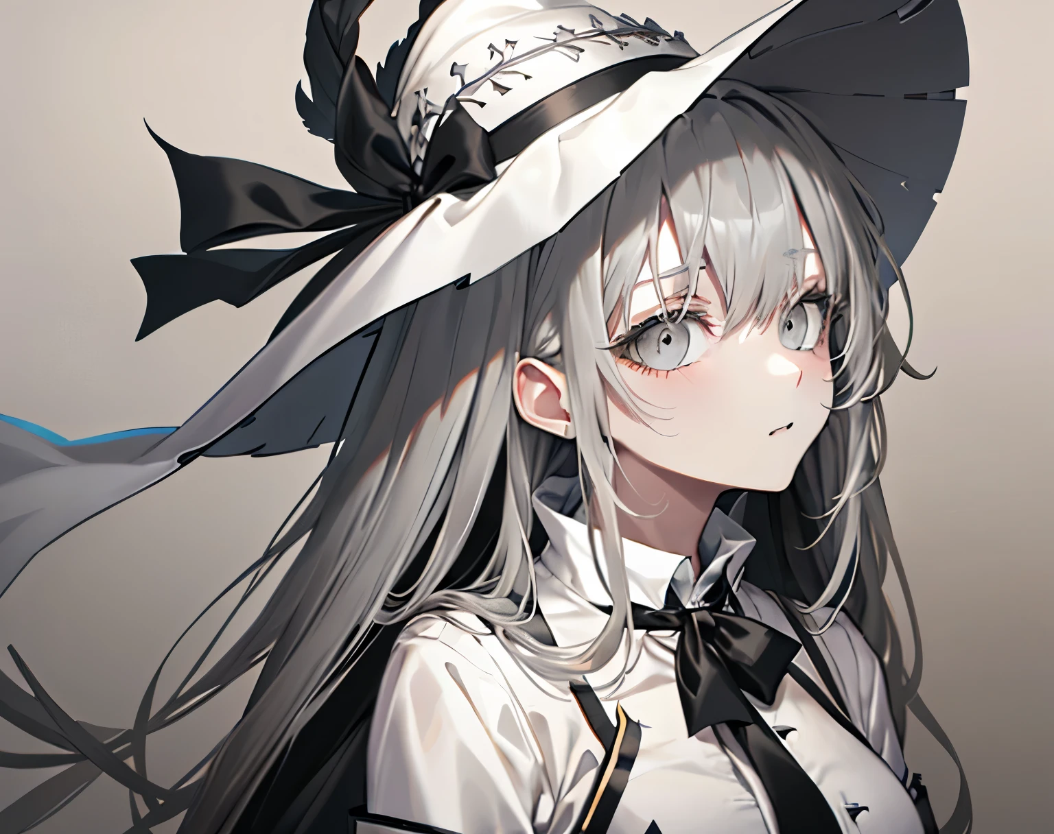 【Highest quality, Tabletop】 [girl, coat, Expressionless, Grey Eyes, Positive, Long Hair, suit, Upper Body] (Gray white background:1.7), Black tie, silk hat, Sexy Face, Beautiful Eyes