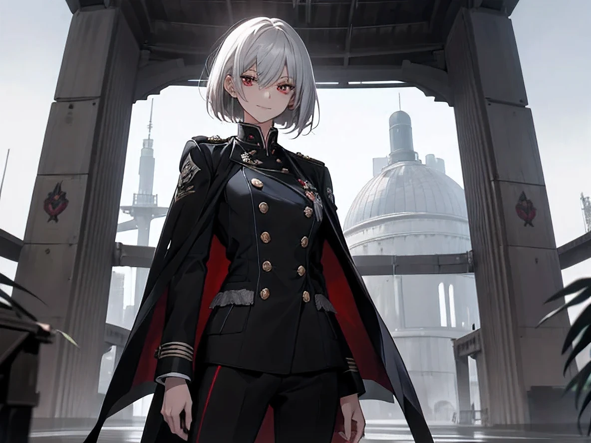 (Confused, High resolution, Very detailed), 1 female, Silver Hair,Bob Hair,Bright red eyes,White and black military uniform,24th generation,beauty,mature,thin,quiet,Calm,A small smile,A kind smile,In front of people you like,Long coat,Slender and thin,boots,skinny pants,observatory,Small breasts,