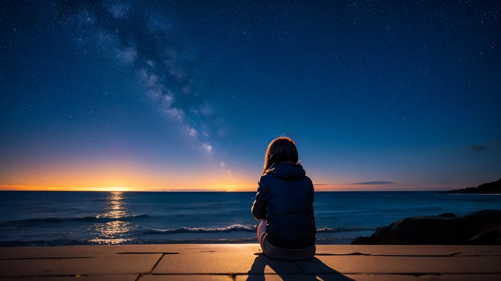 shooting star, Back view of a girl sitting on the ground and looking up at the sky, Polaris, quiet night, Seaside