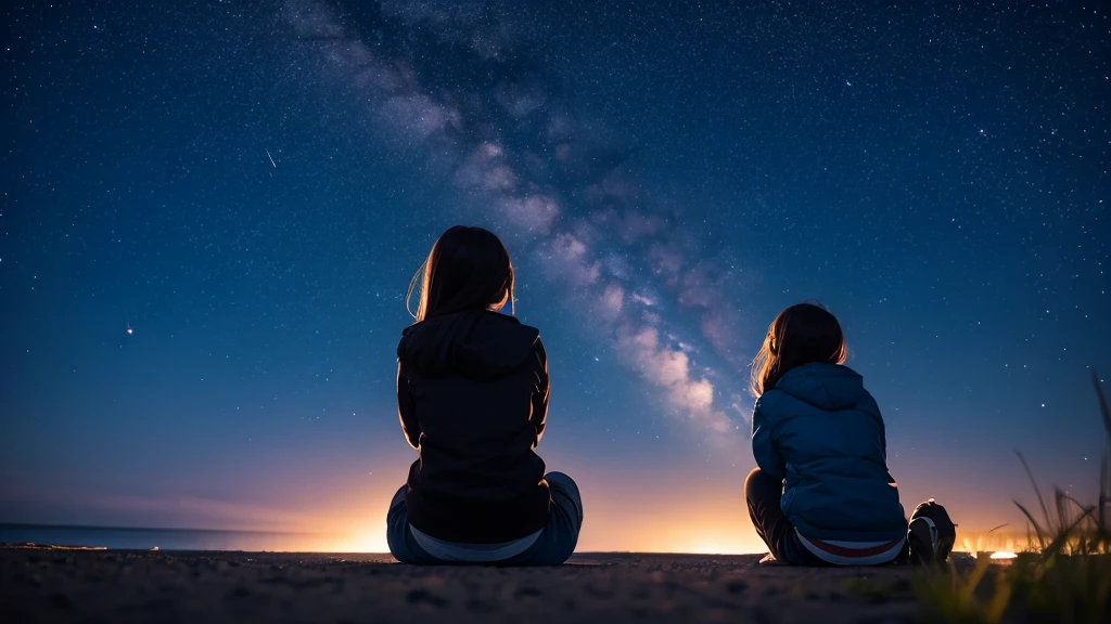 shooting star, Back view of a girl sitting on the ground and looking up at the sky, Polaris, quiet night, Seaside