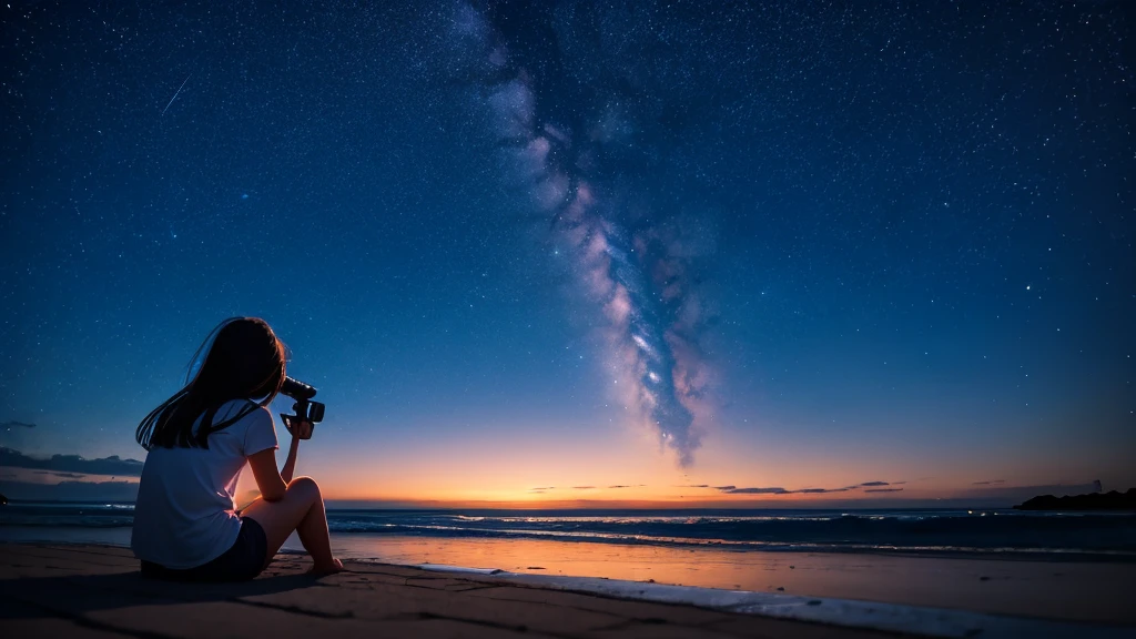 shooting star, Back view of a girl sitting on the ground and looking up at the sky, Polaris, quiet night, Seaside