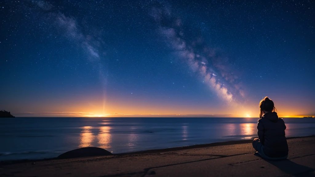 shooting star, Back view of a girl sitting on the ground and looking up at the sky, Polaris, quiet night, Seaside