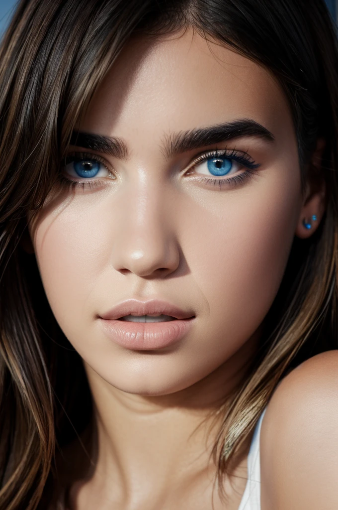 Portrait dua lipa, blue eyes, brazil origin, Aestetic realistic