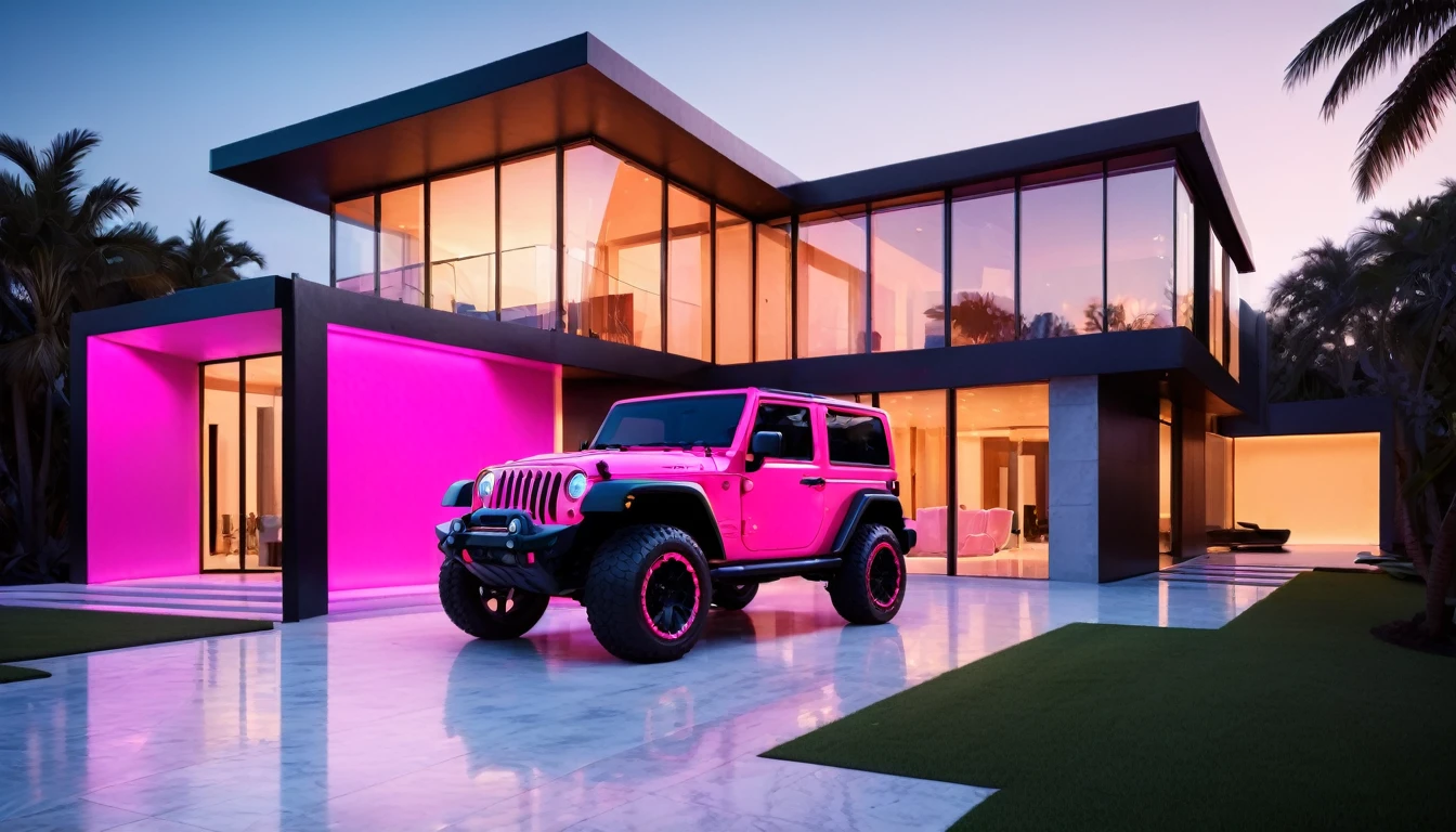 a futuristic house with a floresent hot pink jeep wrangler parked in front of it, cgsocietywlop, beautiful curves, intricate devilish designs, qualia, interesting shapes & form, wow factor, elaborate polished, bioluminescent, colorfull, glow, fluid, architectural rendering, miami, orange soft lighting in interior of house, futuristic battlefield, inspired by James E. Brewton, precise architectural rendering