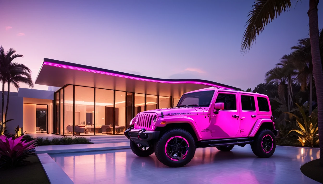 a futuristic house with a floresent hot pink jeep wrangler parked in front of it, cgsocietywlop, beautiful curves, intricate devilish designs, qualia, interesting shapes & form, wow factor, elaborate polished, bioluminescent, colorfull, glow, fluid, architectural rendering, miami, orange soft lighting in interior of house, futuristic battlefield, inspired by James E. Brewton, precise architectural rendering