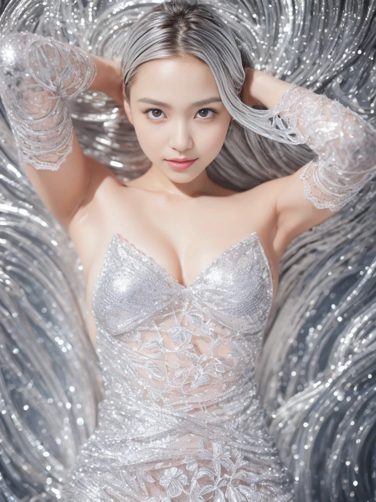 ((Highest quality, 8k, masterpiece:1.3, 1 girl, beautiful girl)), High resolution, cute, dynamism, Detailed face, Detailed skin, Detailed eyes, Detailed lips, Realistic, RAW Photos, Natural light, Perfect Anatomy, Dynamic pose, Round ass, Toned Legs, double eyelid, Tear bags, Round eyes, Moisturized lips, Silver Body, ((silver liquid on the naked body:1.3)), silver liquid dripping down from the body, Silver Hair, smile, Silver Background, Silver Paint, Silver Ink, Japanese Girls, silver liquid, chest, Colorful liquid, (Gorgeous silver dress with lace detailing:1.2), Thighs, chestに射精, ((Silver Floral Background))