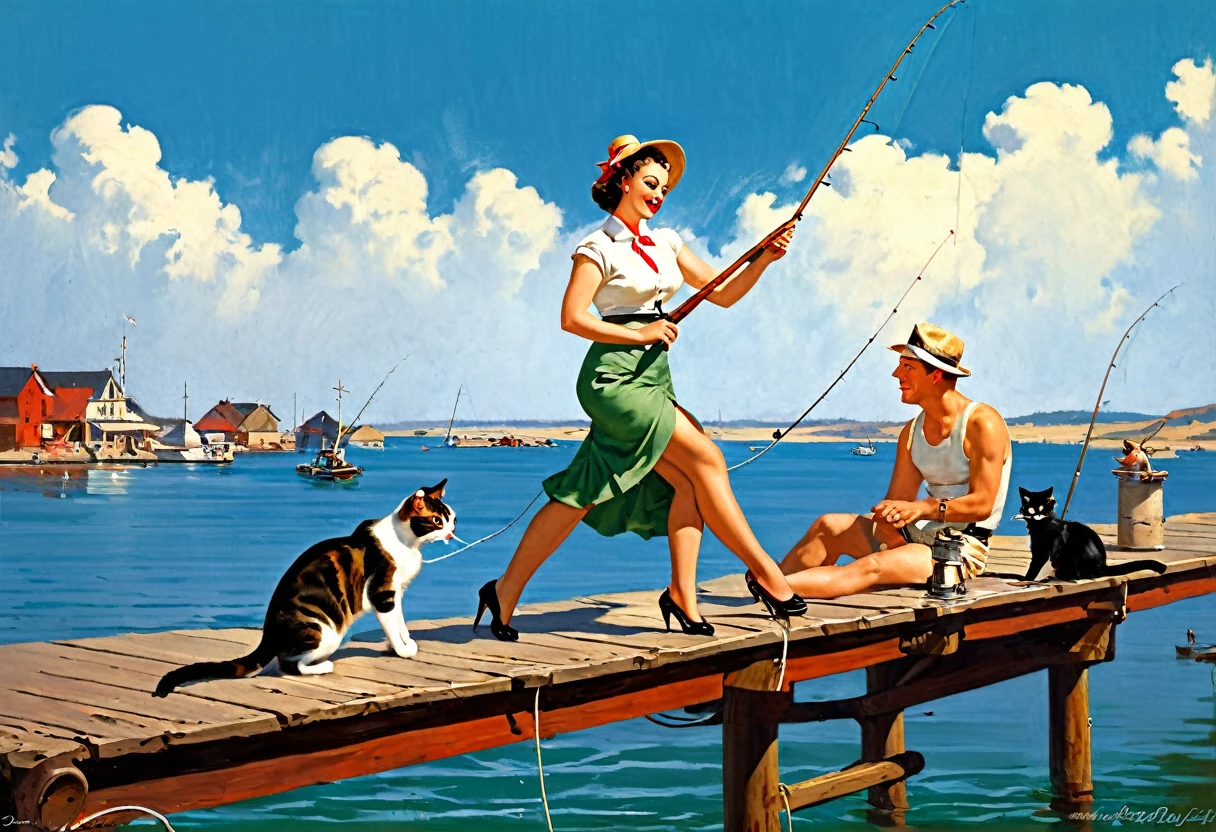 Painting of a man and a woman fishing on a pier with a cat, Igor Grabar, Gil Elvgren style, fishing, pinup art inspired by Gil Elvgren, John La Gatta, Bencho Obreshkov, inspired by Art Frahm, Mikhail Lebedev, Alexander Kucharsky, pinup art