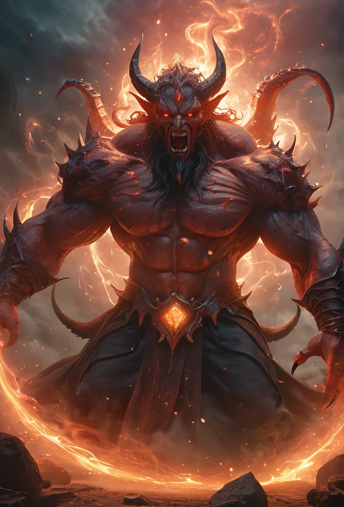 (best quality,4k,8k,highres,masterpiece:1.2),ultra-detailed,(realistic,photorealistic,photo-realistic:1.37),summoned from a magic square,dimensions-shifting giant demon,imposing monstrous figure,otherworldly,terrifying,highly detailed face and body,enormously clawed hands,mystical aura,glowing fiery eyes,sharp fangs and pointy ears,inhuman features and proportions,dark,ominous atmosphere,dramatic lighting,cold color palette,magical particles swirling around,demonic energy emanating,powerful presence,ethereal beauty,herculean strength,captivating gaze,unsettling presence,haunting and mesmerizing,horrifyingly enchanting
