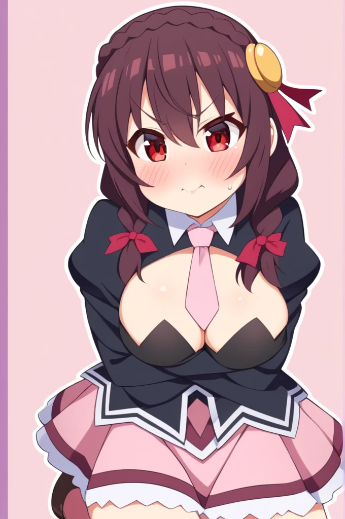 alone, One girl, Yunyun, Cute angry expression with puffed cheeks、(Puffing out my cheeks:1.4)、(blush:1.4) View your viewers, Crown braids of the same color as your hair, Red Eyes、hair ornaments, Hair Ribbon, Pink tie, Long sleeve, Pink Skirt, Knee socks, Cleavage