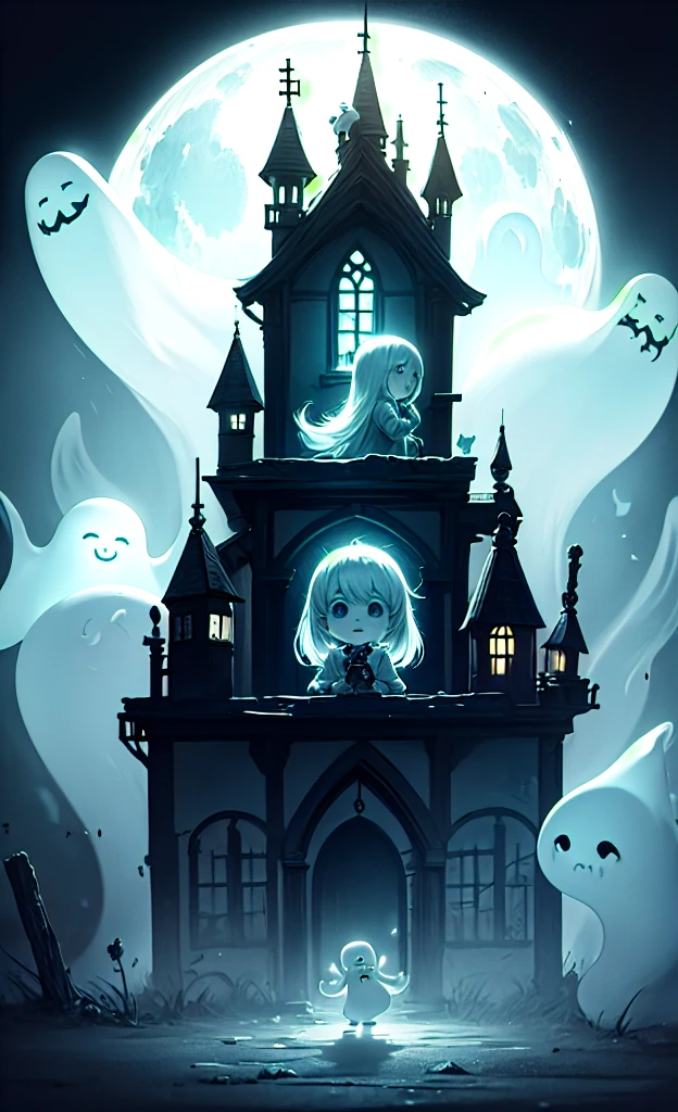 masterpiece, Highest quality, Explore a haunted theme park, haunted by cute chibi ghosts, cute, Whimsical, Shine, Shineing, fun, Stupid, Mysterious, Magic, Mysterious, funny, interesting、Only ghosts