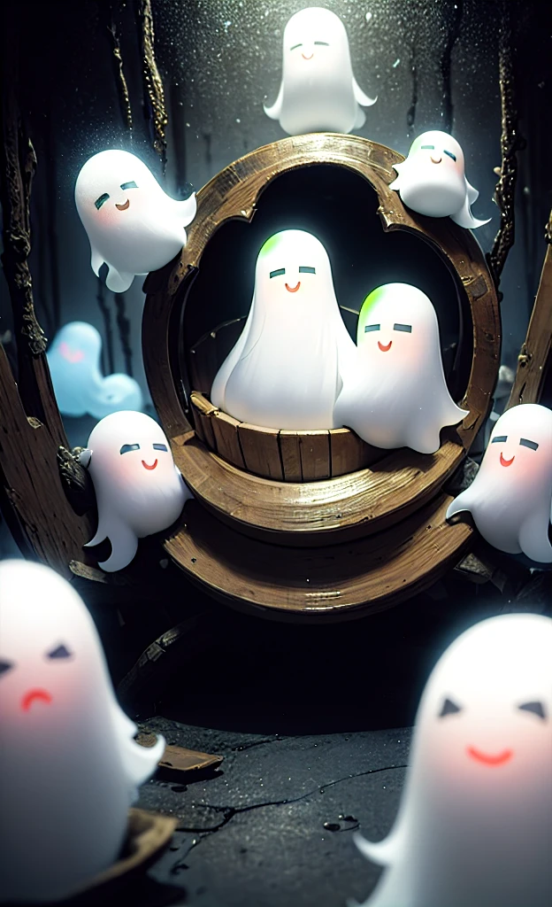 masterpiece, Highest quality, Explore a haunted theme park, haunted by cute chibi ghosts, cute, Whimsical, Shine, Shineing, fun, Stupid, Mysterious, Magic, Mysterious, funny, interesting、Only ghosts