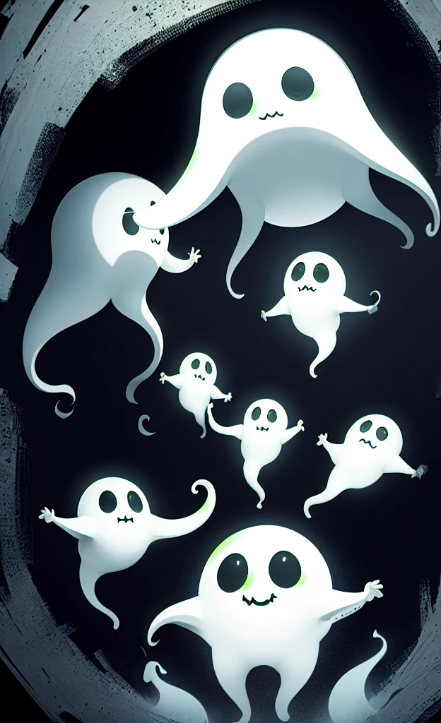 masterpiece, Highest quality,  Explore a haunted theme park, haunted by cute chibi ghosts, cute, Whimsical, Shine, Shineing, fun, Stupid, Mysterious, Magic, Mysterious, funny, interesting、Only ghosts
