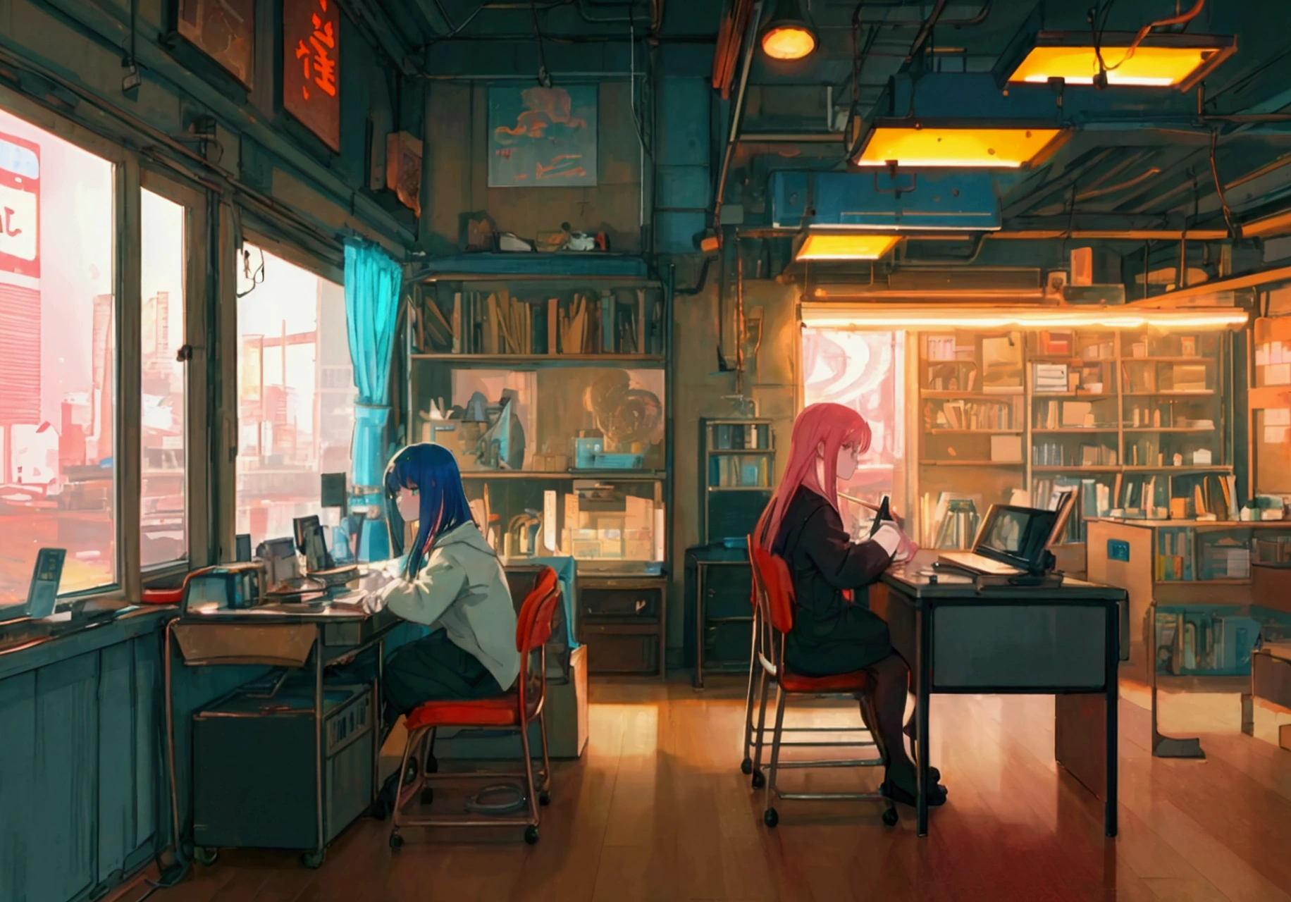 Adorable girl studying in the room, View from behind, Wear headphones, At night, With cat, Surrounded by the aesthetics of city pop, in an anime-style animation. (Highest quality, 4K, High resolution, Realistic:1.37), Very detailed, Vibrant colors, Studio Lighting, Physically Based Rendering, Very detailed説明, Professional, Bokeh, Portraiture, landscape, anime, photograph, Concept Artist, Cozy atmosphere, Lighting in warm tones, Vintage cityscape, Retro interior, Glowing neon signs, Dynamic pose, Cute Costumes, Bookshelves full of books, Modern Desk, computer, Night atmosphere, Moonlight shining through the window, City lights reflected in the glass, Soft glow from the screen, Mysterious Shadow, Calm and relaxed feeling, A subtle expression on the girl's face, Dangling headphone cord, The cat sitting next to her, Observe with curiosity, Record player playing city pop music, Floating notes, animeーション化された光の筋, Dreamy atmosphere, Starry sky outside the window, Vibrant city life, Busy Street, Colorful neon lit buildings, Stylish interior, Retro gadgets and decorations, I feel nostalgic, Peaceful and serene environment.