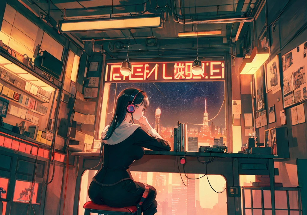 Adorable girl studying in the room, View from behind, Wear headphones, At night, With cat, Surrounded by the aesthetics of city pop, in an anime-style animation. (Highest quality, 4K, High resolution, Realistic:1.37), Very detailed, Vibrant colors, Studio Lighting, Physically Based Rendering, Very detailed説明, Professional, Bokeh, Portraiture, landscape, anime, photograph, Concept Artist, Cozy atmosphere, Lighting in warm tones, Vintage cityscape, Retro interior, Glowing neon signs, Dynamic pose, Cute Costumes, Bookshelves full of books, Modern Desk, computer, Night atmosphere, Moonlight shining through the window, City lights reflected in the glass, Soft glow from the screen, Mysterious Shadow, Calm and relaxed feeling, A subtle expression on the girl's face, Dangling headphone cord, The cat sitting next to her, Observe with curiosity, Record player playing city pop music, Floating notes, animeーション化された光の筋, Dreamy atmosphere, Starry sky outside the window, Vibrant city life, Busy Street, Colorful neon lit buildings, Stylish interior, Retro gadgets and decorations, I feel nostalgic, Peaceful and serene environment.